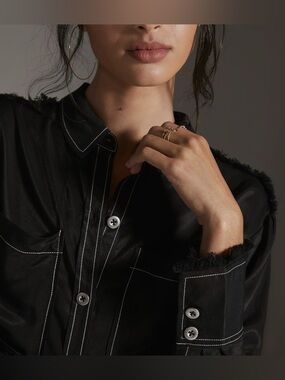 Anthropologie Black Seamed Button Up with White Topstitch